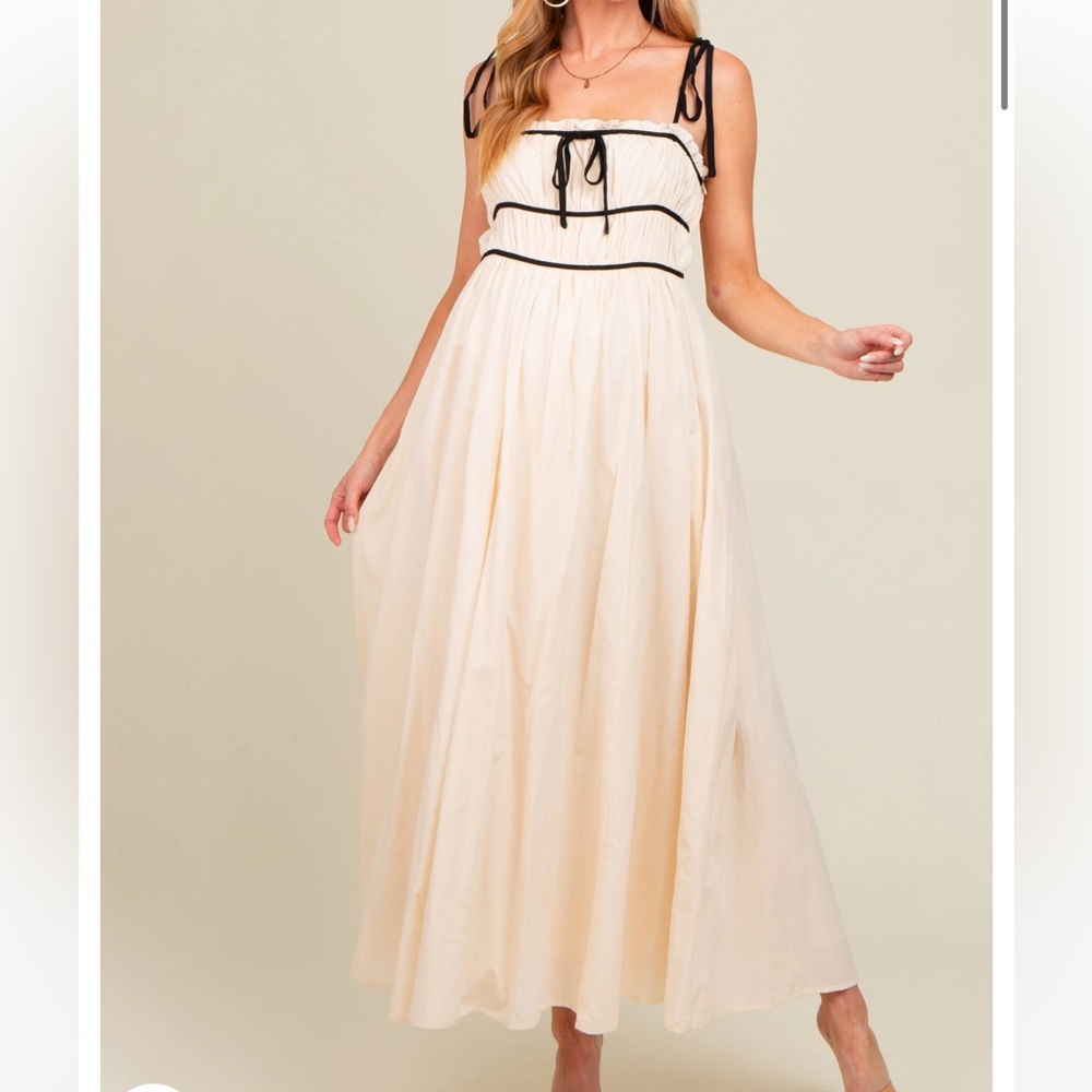 PinkBlush Cream Contrast Ribbon Trim Maternity Maxi Dress